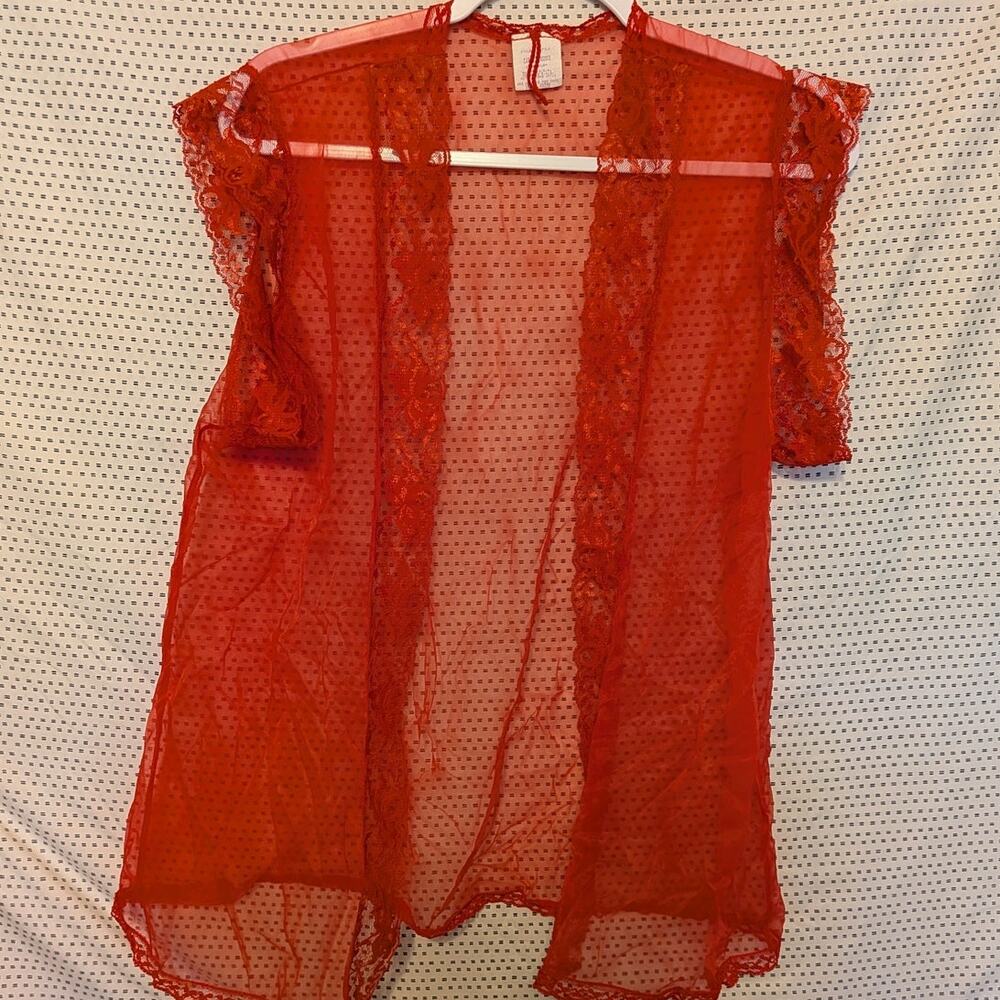 Vintage Whimsygoth 90s Sheer Red Robe With Lace Trim